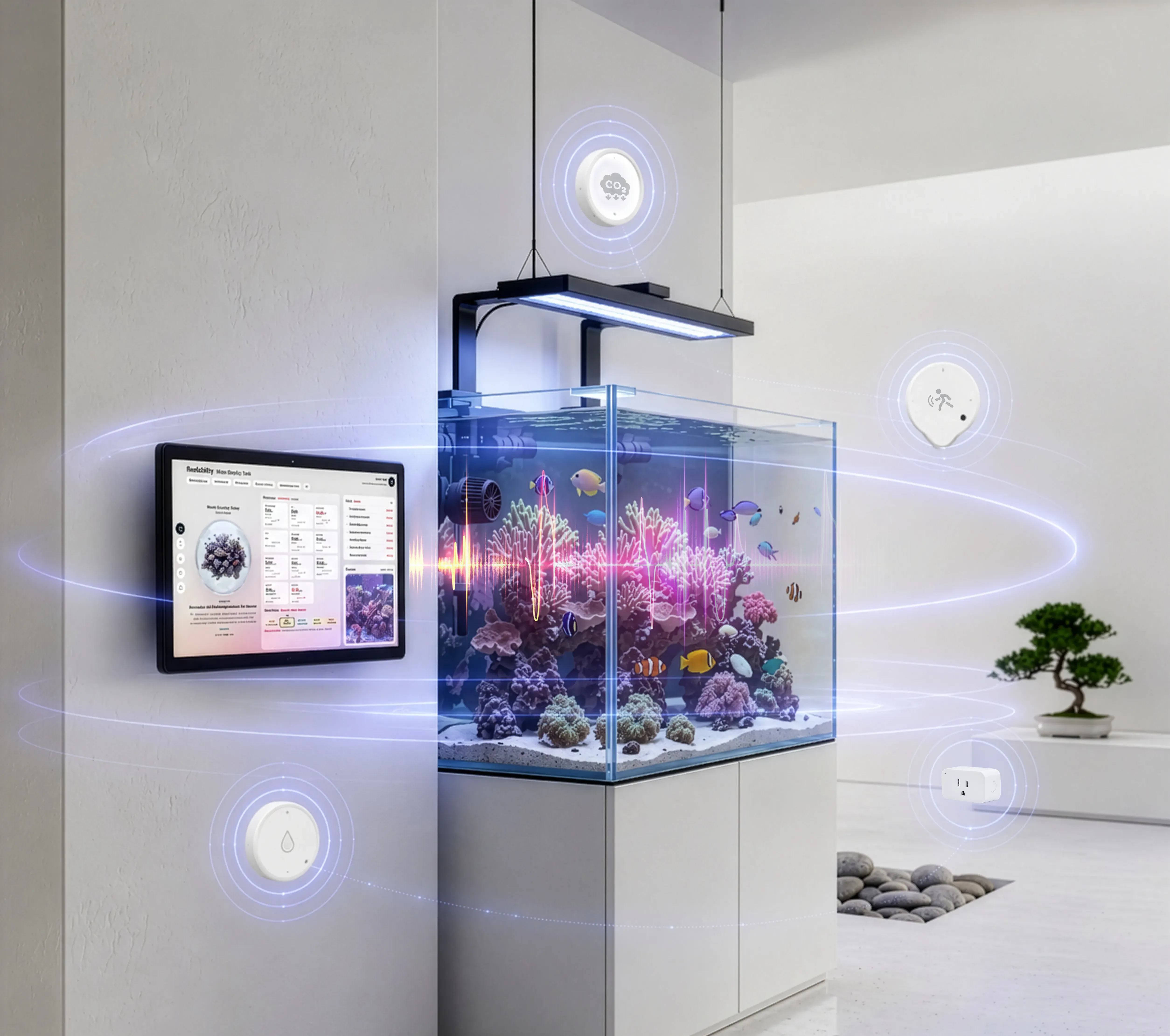 Reefability display mounted beside a reef tank in a bright, minimal room