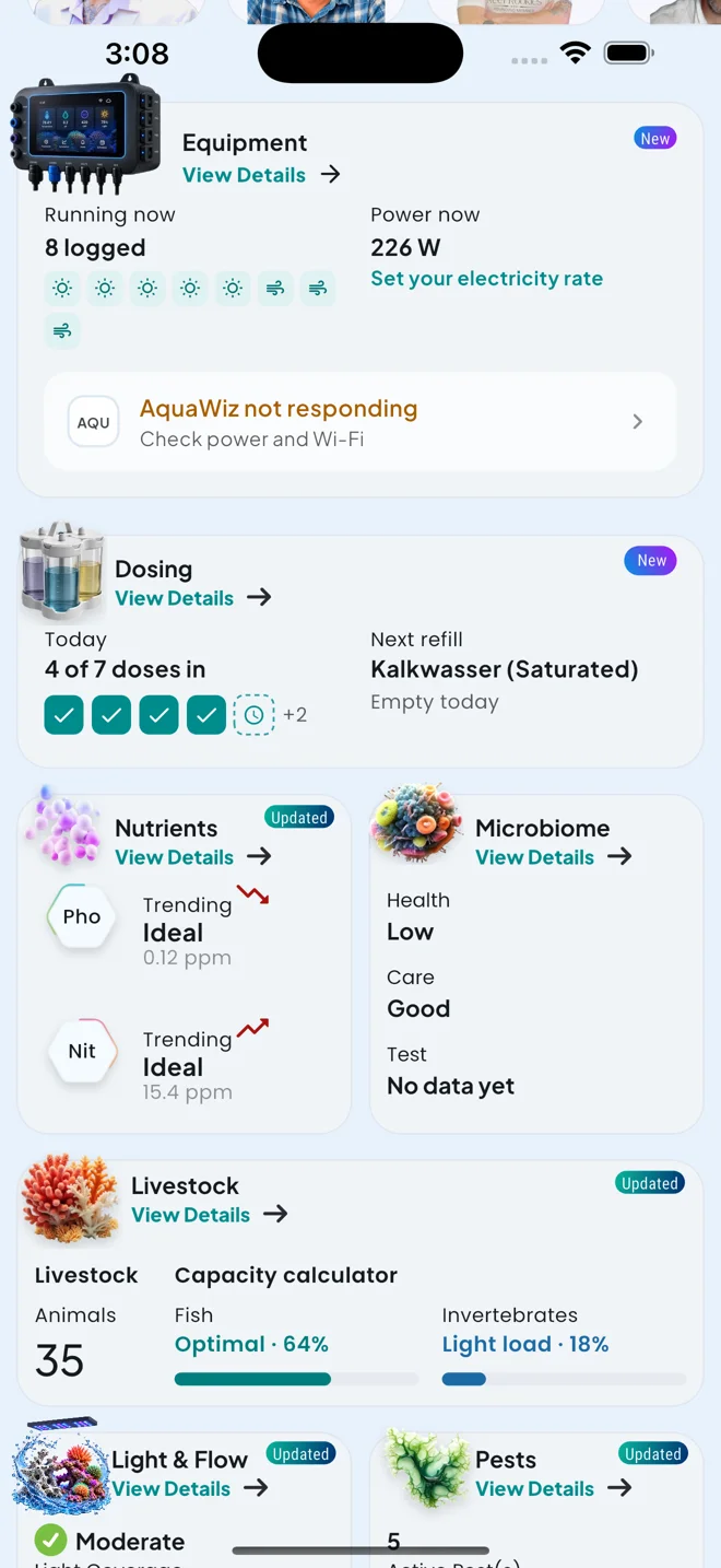 Daily care overview with equipment, dosing and nutrients